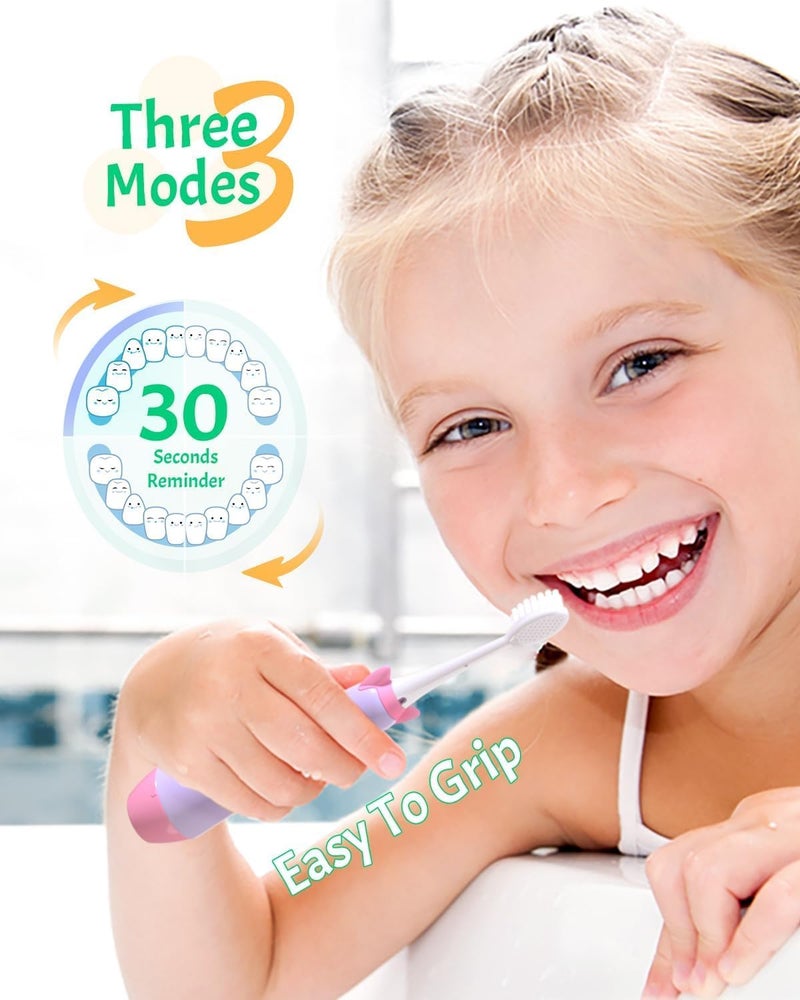 NELLWELL Kids Electric Toothbrush, 2-Min Timer, 3 Modes with Memory, IPX 7 Waterproof, Battery Powered Kids Toothbrush with 3 Soft Bristles Heads for Children Boys and Girls Ages 3+ - Image 3